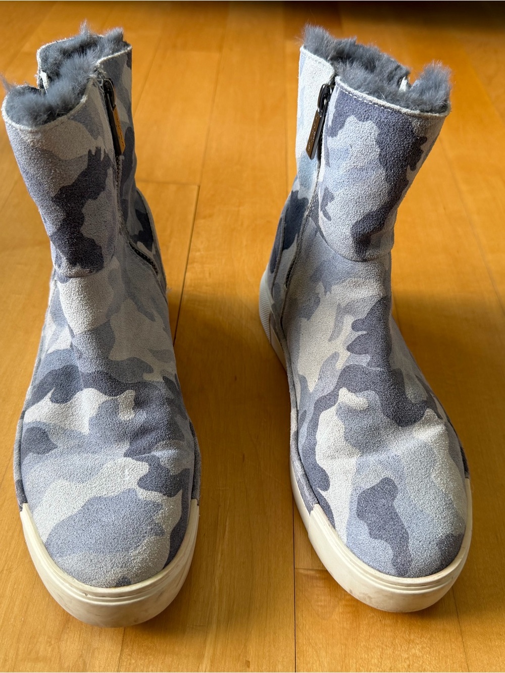 J Slides Gray Camo Faux-Fur Ankle Booties